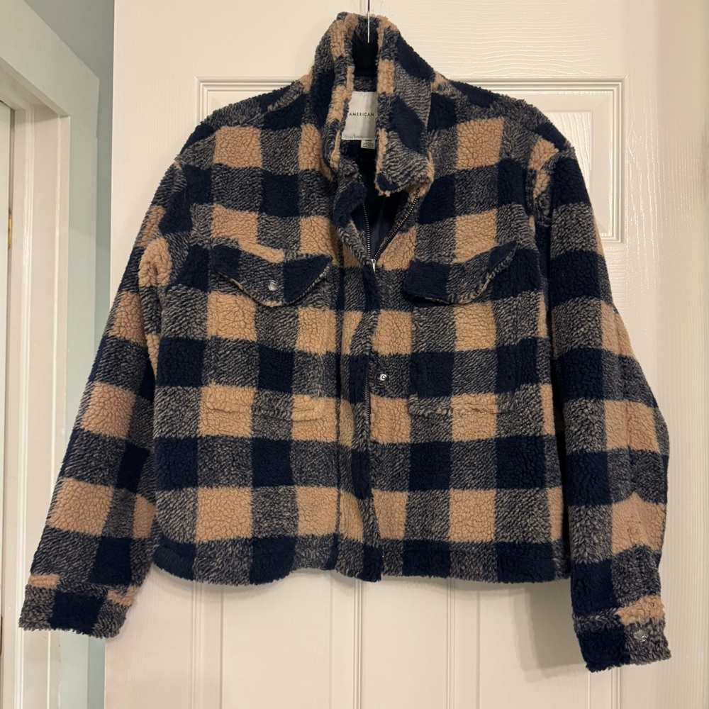 American Eagle Plaid Teddy Coat